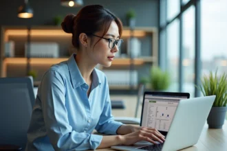 Femme concentrée utilisant un ordinateur avec tableau croisé dynamique