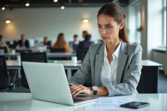 Femme professionnelle pointant un tableau Excel avec des lignes figées sur un ordinateur portable dans un bureau moderne