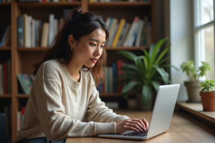 Jeune femme au bureau à domicile en train de taper sur son ordinateur
