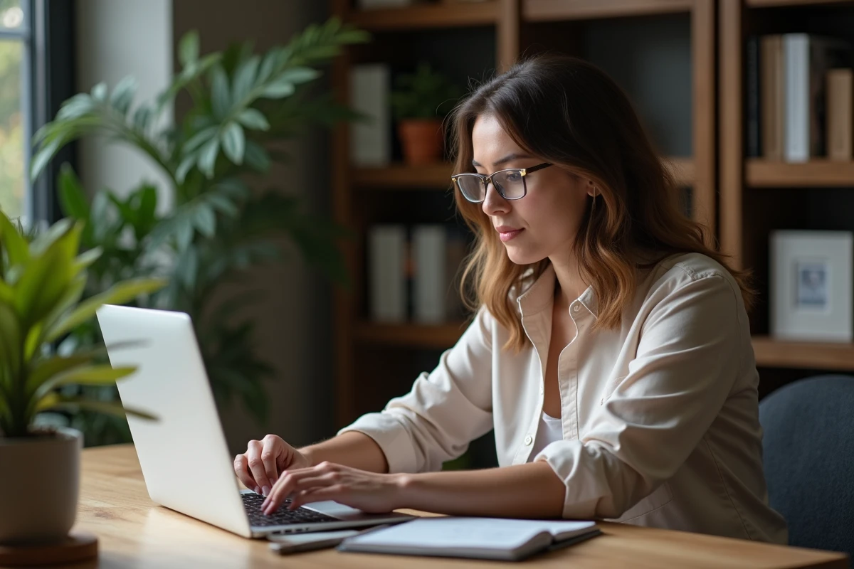 Femme au bureau à domicile en pleine réflexion
