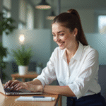 Boîte mail idéale : comparatif des meilleures solutions adaptées Femme au bureau vérifiant ses emails sur un ordinateur portable