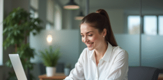 Boîte mail idéale : comparatif des meilleures solutions adaptées Femme au bureau vérifiant ses emails sur un ordinateur portable