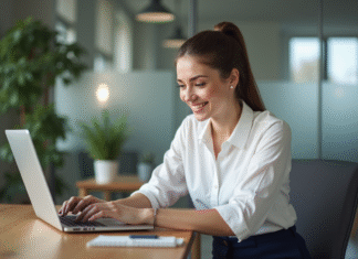 Boîte mail idéale : comparatif des meilleures solutions adaptées Femme au bureau vérifiant ses emails sur un ordinateur portable