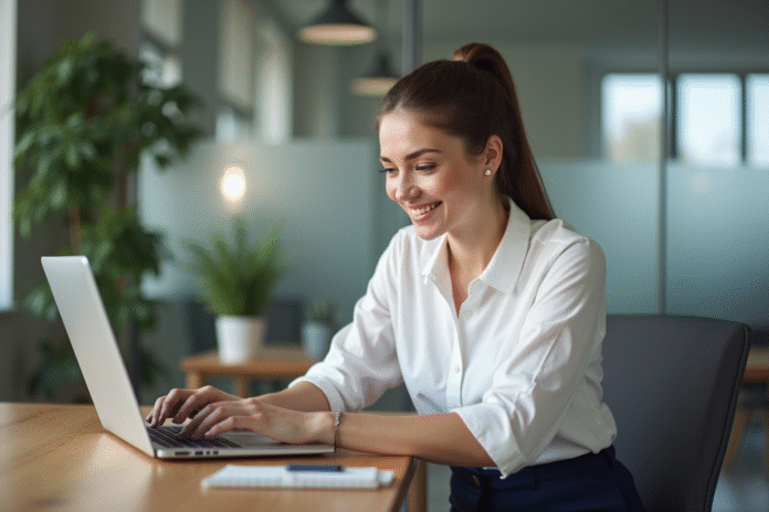 Femme au bureau vérifiant ses emails sur un ordinateur portable