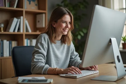 Femme concentrée utilisant un clavier dans un bureau cosy
