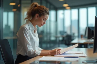 Femme en bureau moderne examine des documents de projet
