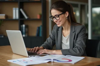 Jeune femme au bureau travaillant sur un ordinateur pour le SEO