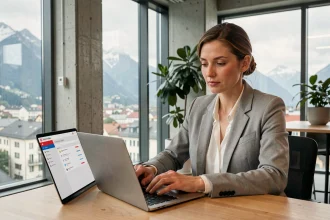 Femme professionnelle utilisant Swiss File Transfer sur un ordinateur portable dans un bureau moderne zurichois