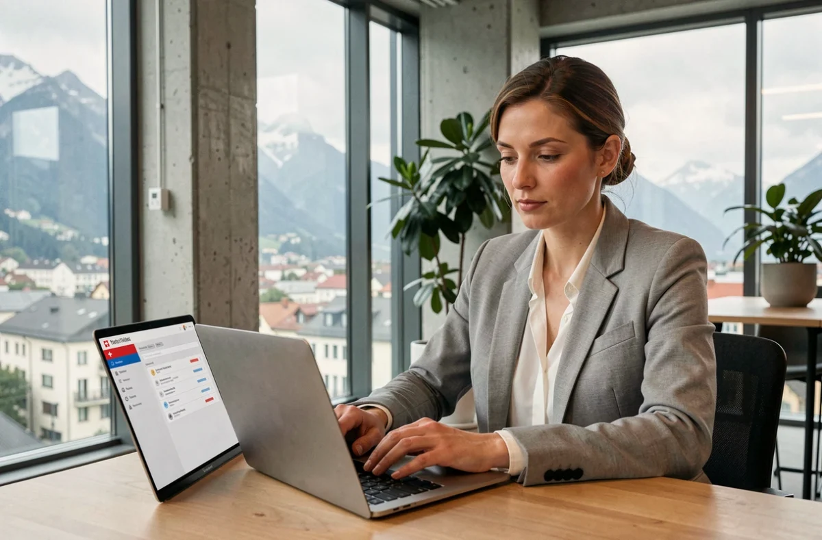 Femme professionnelle utilisant Swiss File Transfer sur un ordinateur portable dans un bureau moderne zurichois