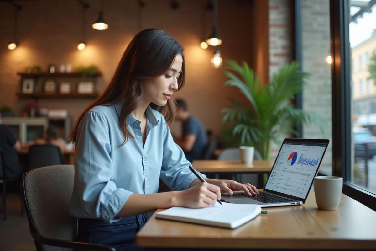 Femme analysant des tableaux CRM dans un café