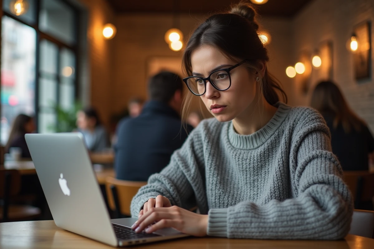 Jeune femme au café regardant son ordinateur portable
