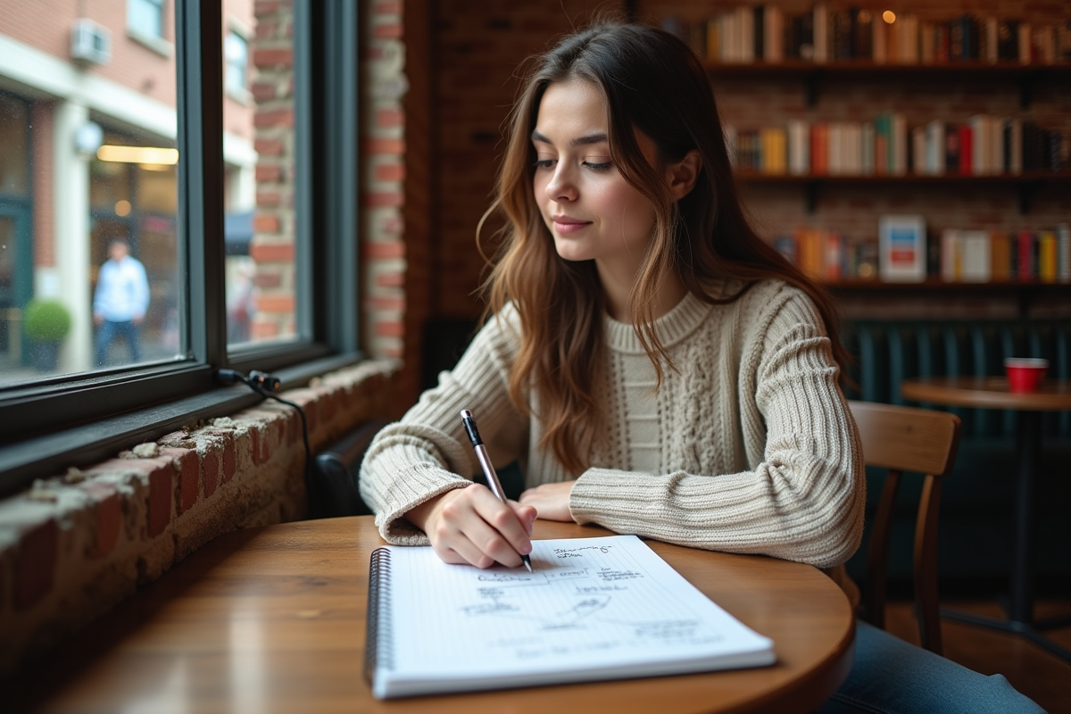Femme esquisse un diagramme sur Spring Boot dans un café
