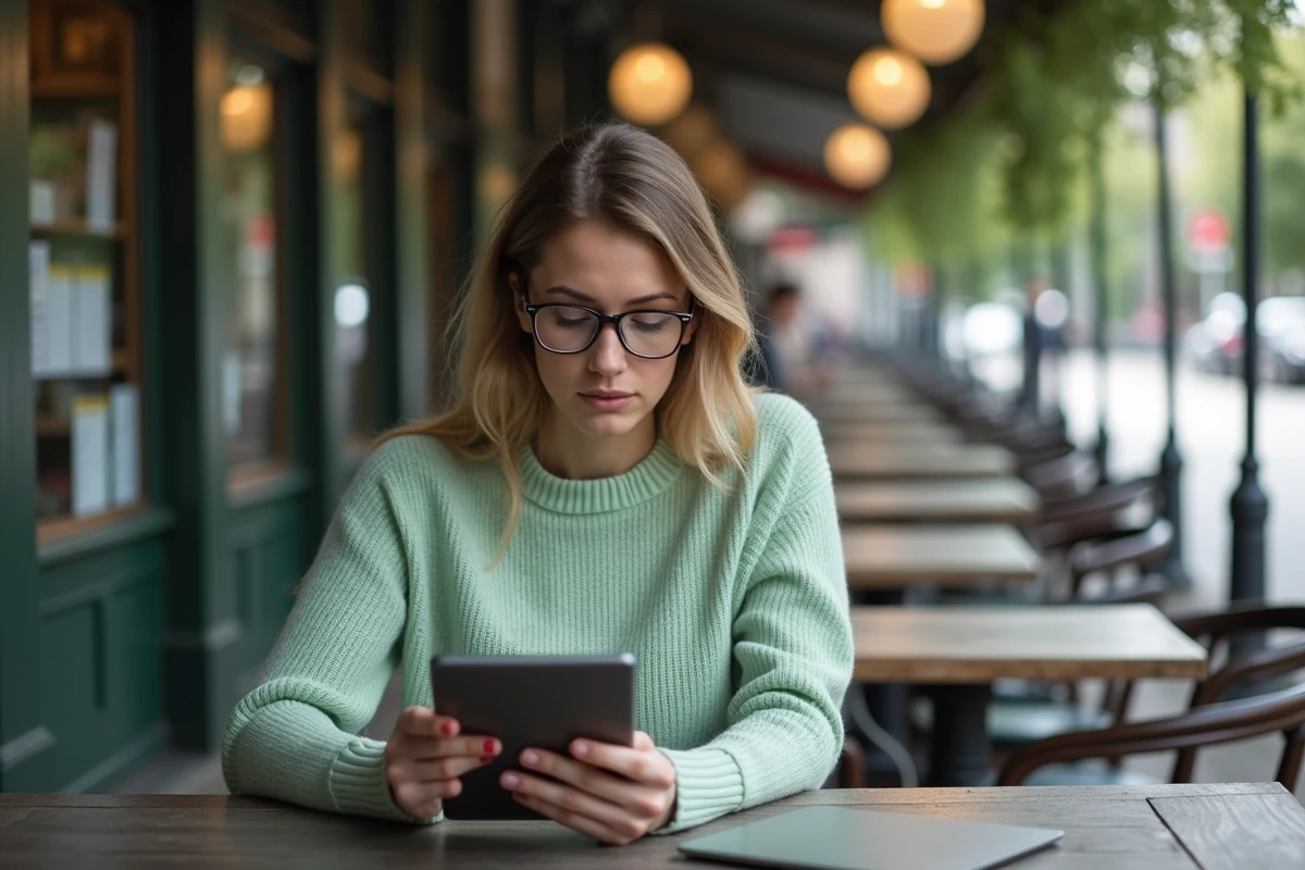 Femme assise en extérieur utilisant une tablette dans un café urbain