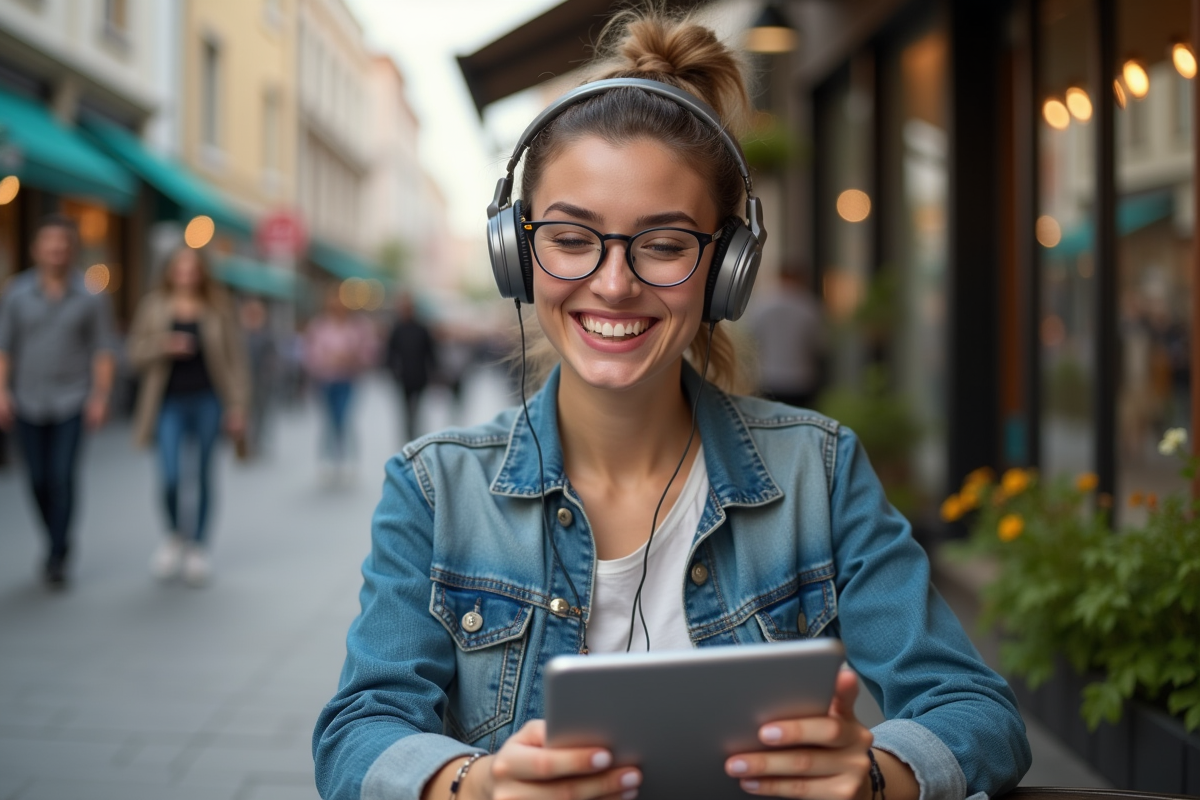 Femme souriante assise dans un café en ville