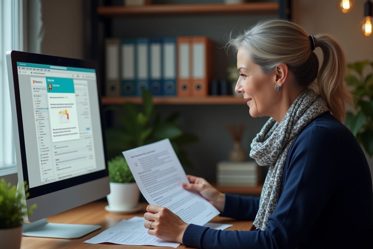Femme configurant ses emails sur son ordinateur à domicile