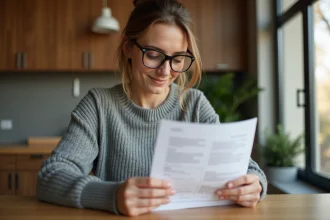 Femme consultant sa facture Réglo Mobile à la table de cuisine