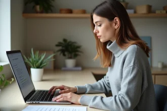 Femme utilisant un logiciel de correction de texte Scrinbens sur son ordinateur portable dans un bureau minimaliste