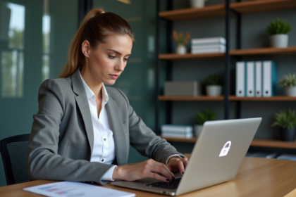 Jeune femme professionnelle encryptant des fichiers sur son ordinateur