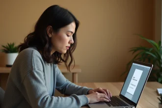 Femme frustrée devant un écran d'ordinateur portable affichant une erreur de connexion webmail AOL