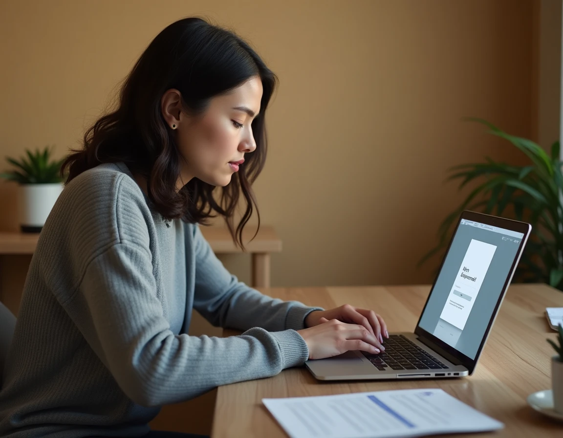 Femme frustrée devant un écran d'ordinateur portable affichant une erreur de connexion webmail AOL