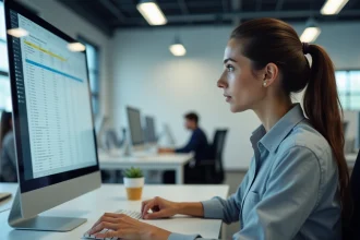 Femme travaillant sur Excel pour supprimer des doublons dans un tableau de données sur ordinateur de bureau