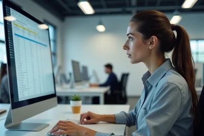 Femme travaillant sur Excel pour supprimer des doublons dans un tableau de données sur ordinateur de bureau