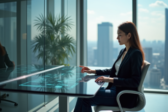 Jeune femme en bureau moderne utilisant un écran tactile pour un article sur la technologie