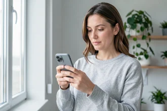 Femme tenant un Google Pixel 6a et consultant les offres 5G sur son smartphone dans un appartement moderne