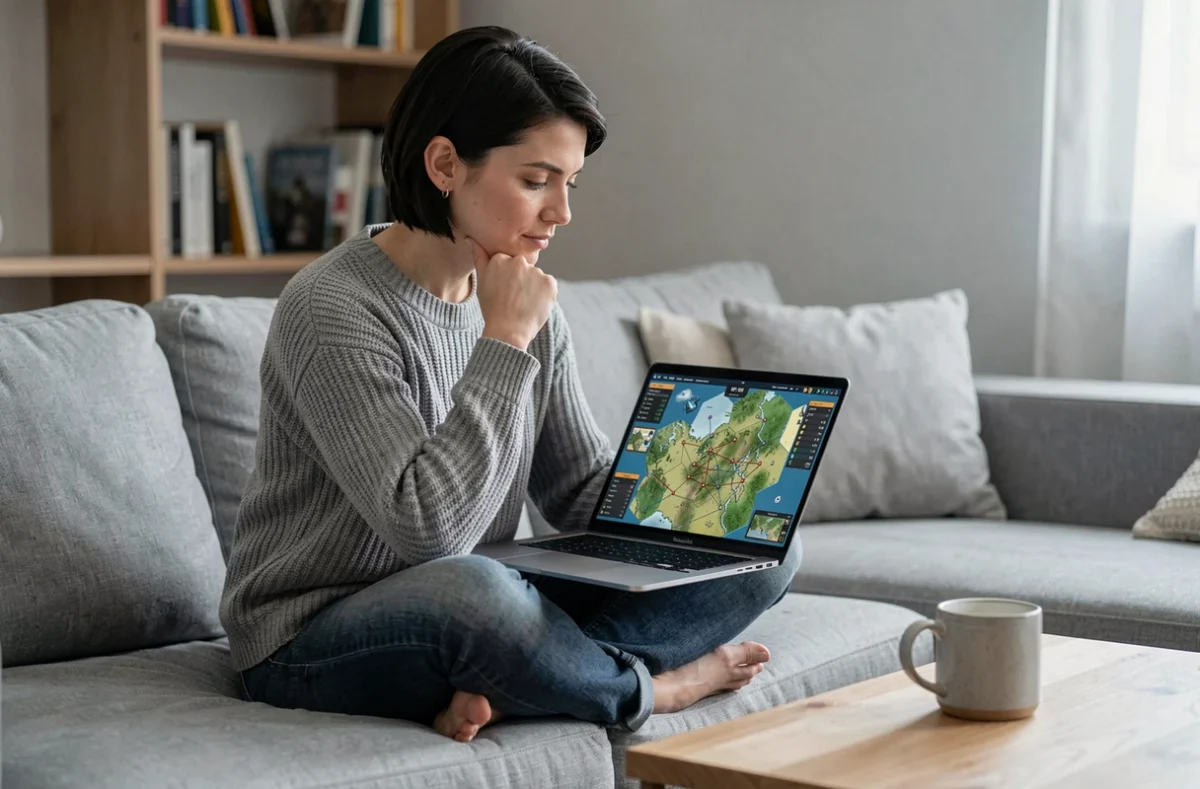 Femme détendue jouant à un jeu de stratégie PC au tour par tour sur un canapé dans un salon moderne
