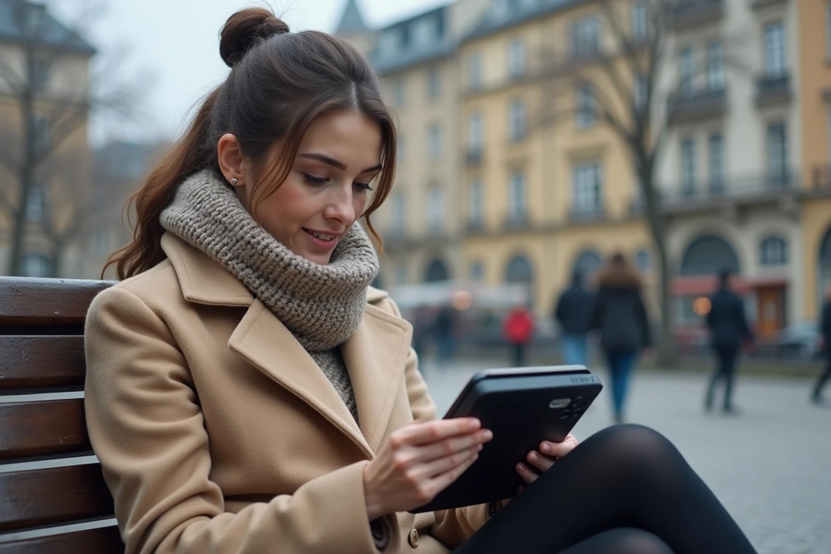 Femme lit un manuel Sony rexon en extérieur
