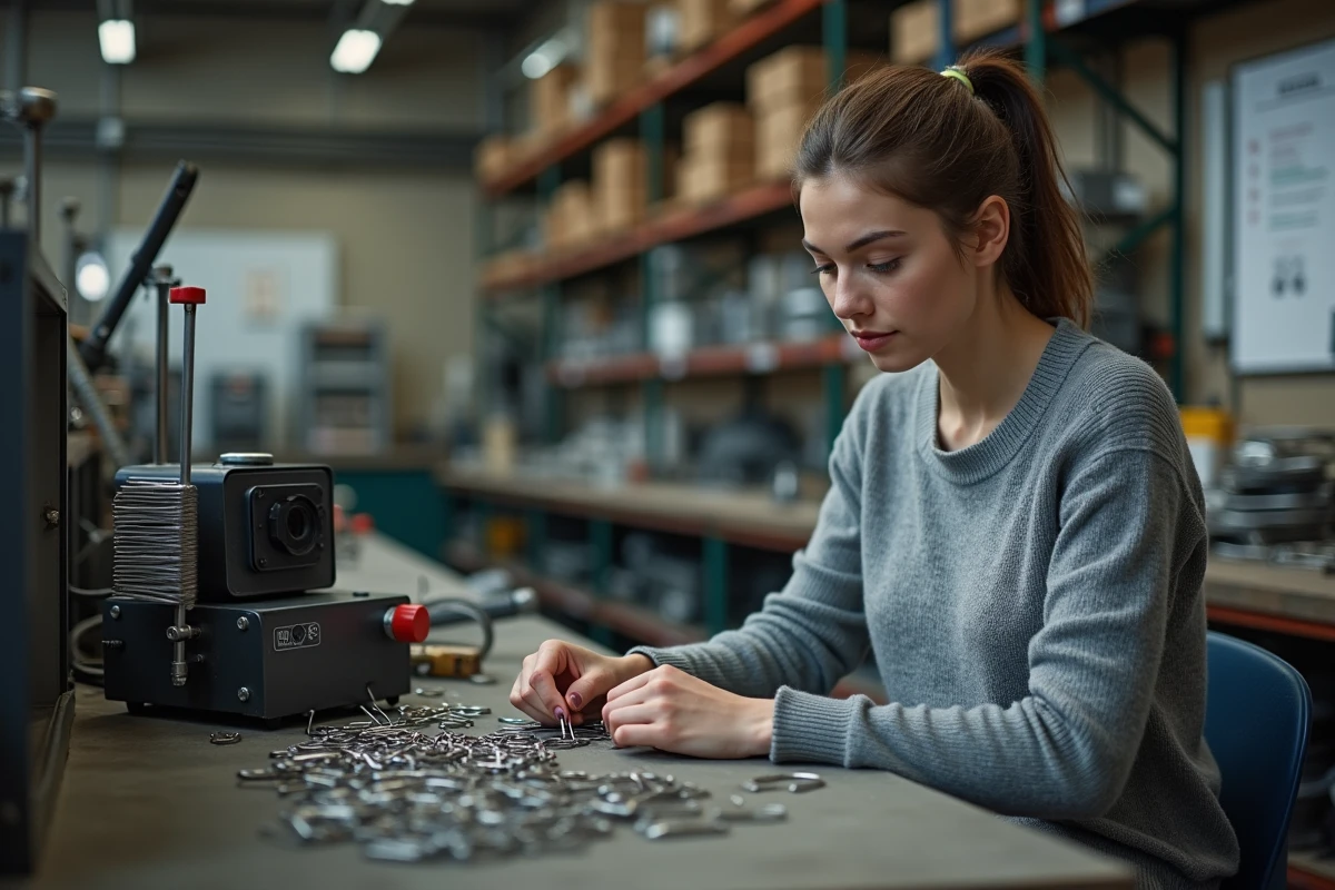 Jeune femme utilise une machine à fabriquer des papierclips dans un atelier industriel