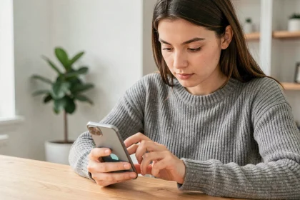 Jeune femme tapant un message WhatsApp en gras et italique sur son smartphone depuis un bureau en bois