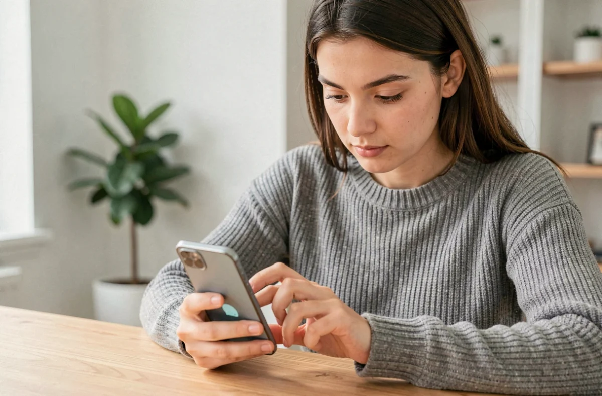 Jeune femme tapant un message WhatsApp en gras et italique sur son smartphone depuis un bureau en bois