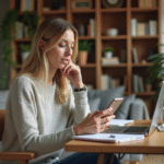 Femme parlant au smartphone dans un intérieur cosy