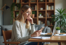 Femme parlant au smartphone dans un intérieur cosy