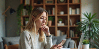 Femme parlant au smartphone dans un intérieur cosy