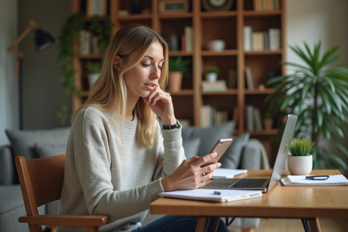 Femme parlant au smartphone dans un intérieur cosy