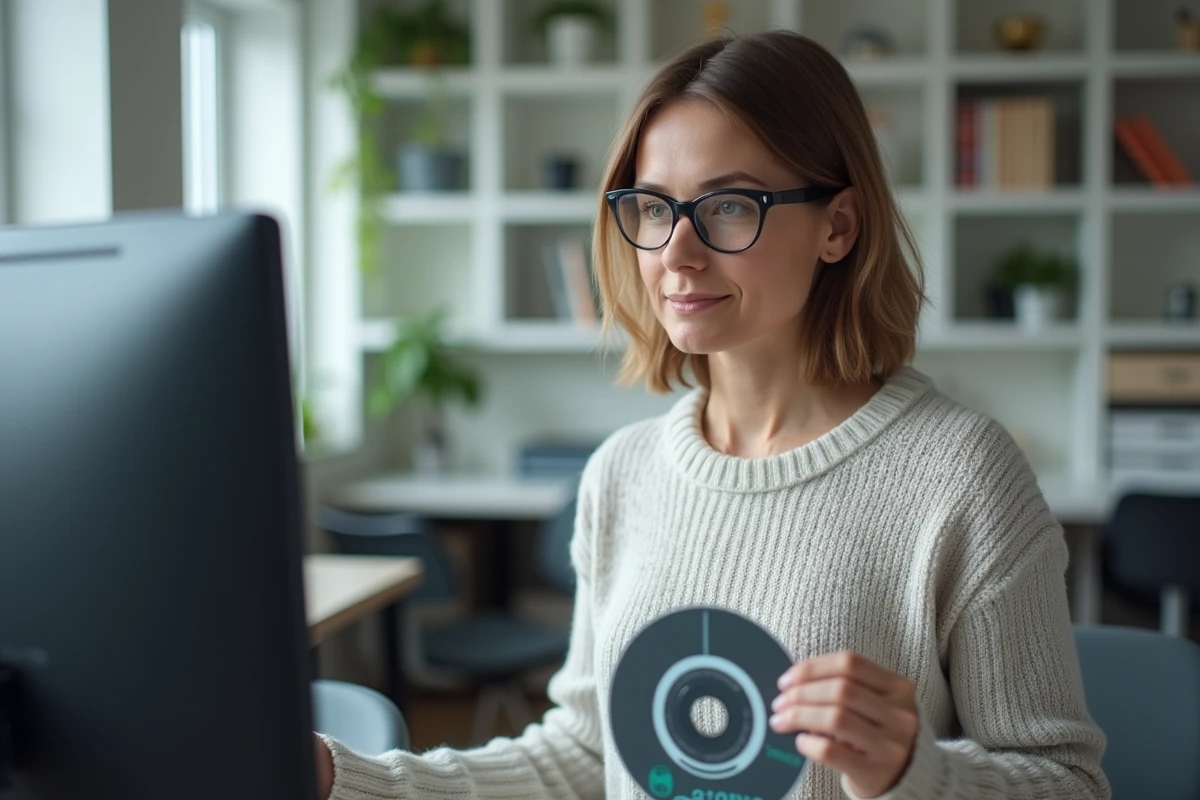 Femme debout insérant un disque dans un ordinateur en bureau moderne
