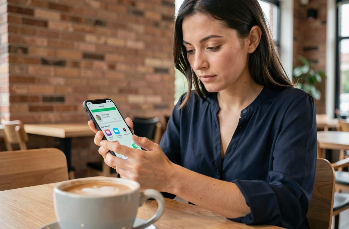 Femme consultant les paramètres de stockage Android dans un café pour activer la suppression automatique de la corbeille