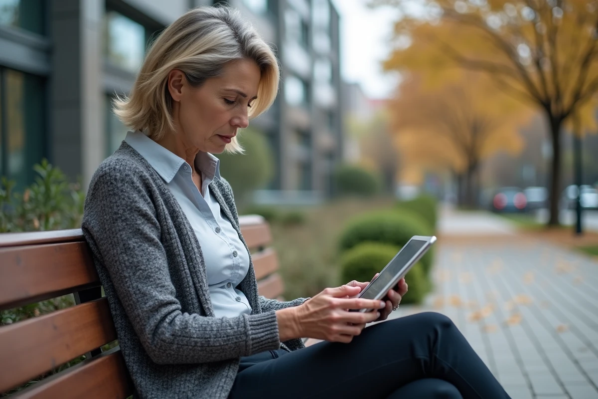 Femme assise dans un parc utilisant une tablette