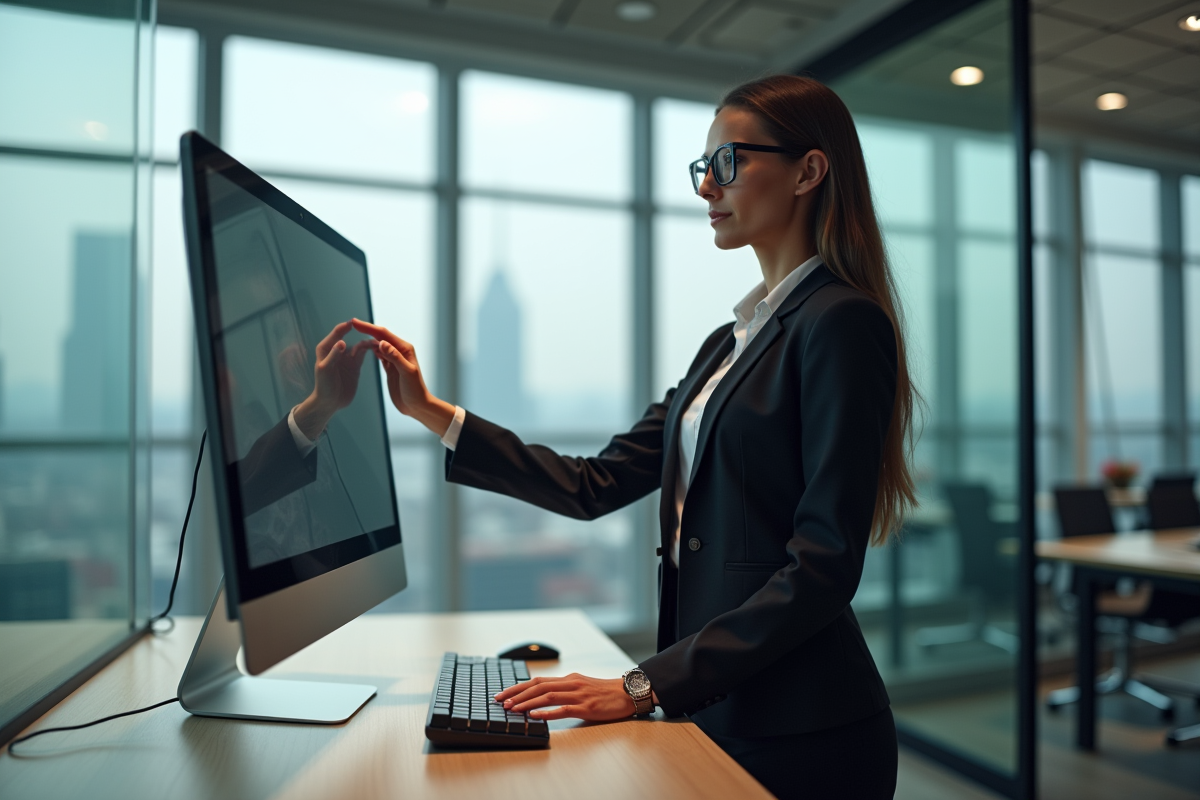 Femme professionnelle debout dans un bureau moderne avec ordinateur