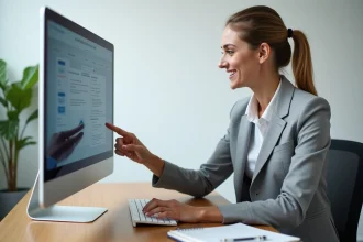 Femme professionnelle consultant la maquette d'un site internet clé en main sur un grand écran dans un bureau moderne