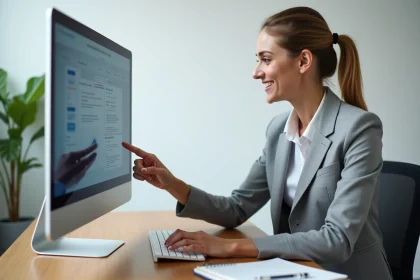 Femme professionnelle consultant la maquette d'un site internet clé en main sur un grand écran dans un bureau moderne