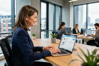 Femme professionnelle utilisant le webmail IONOS sur un ordinateur portable dans un bureau moderne