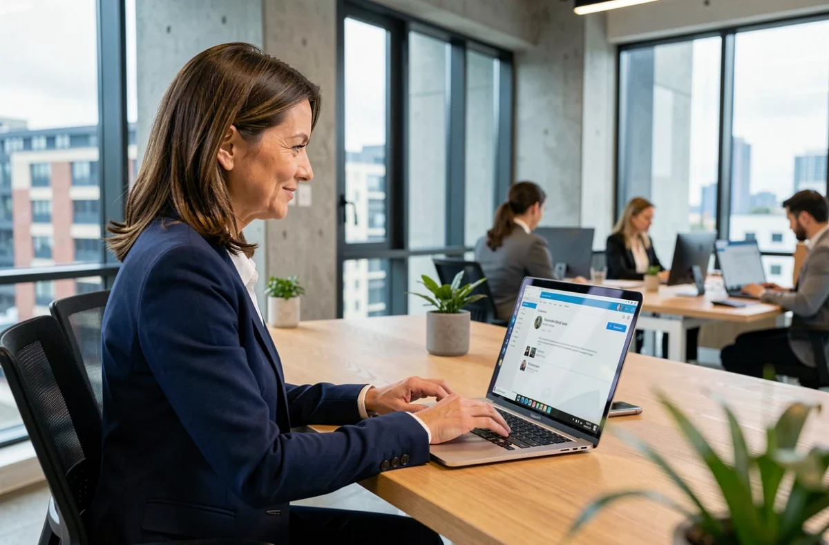 Femme professionnelle utilisant le webmail IONOS sur un ordinateur portable dans un bureau moderne