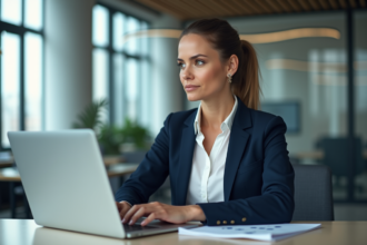 Femme d'affaires en bureau moderne avec ordinateur