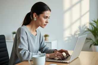 Femme utilisant un raccourci clavier sur Word pour insérer un signe arobase dans un document