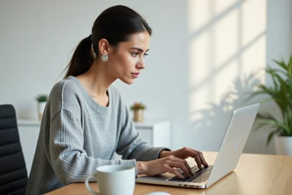 Femme utilisant un raccourci clavier sur Word pour insérer un signe arobase dans un document