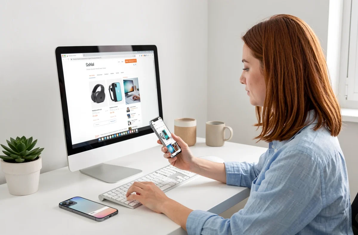 Femme comparant des offres de reconditionnement d'iPhone 12 sur un ordinateur de bureau dans un bureau minimaliste