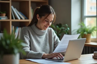 Femme consultant ses identifiants imprimés pour se connecter à Melanie2web sur son ordinateur portable dans un bureau à domicile